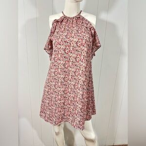 Francesca's Floral Sz Small Cold Shoulder Mini Dress Pink Ruffle Women's
